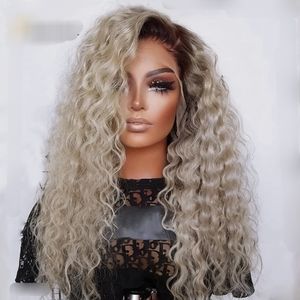 Ombre curly hair wig 26 inches long. Ash Blonde. Lace frontal.